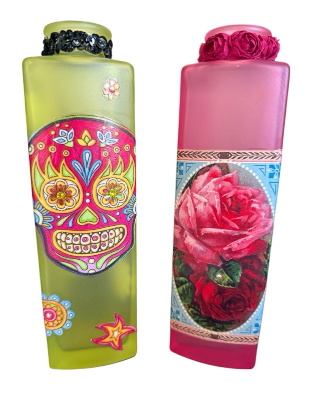 Decorative Lime Green and Pink Glass Vases with Floral and Skull Motifs